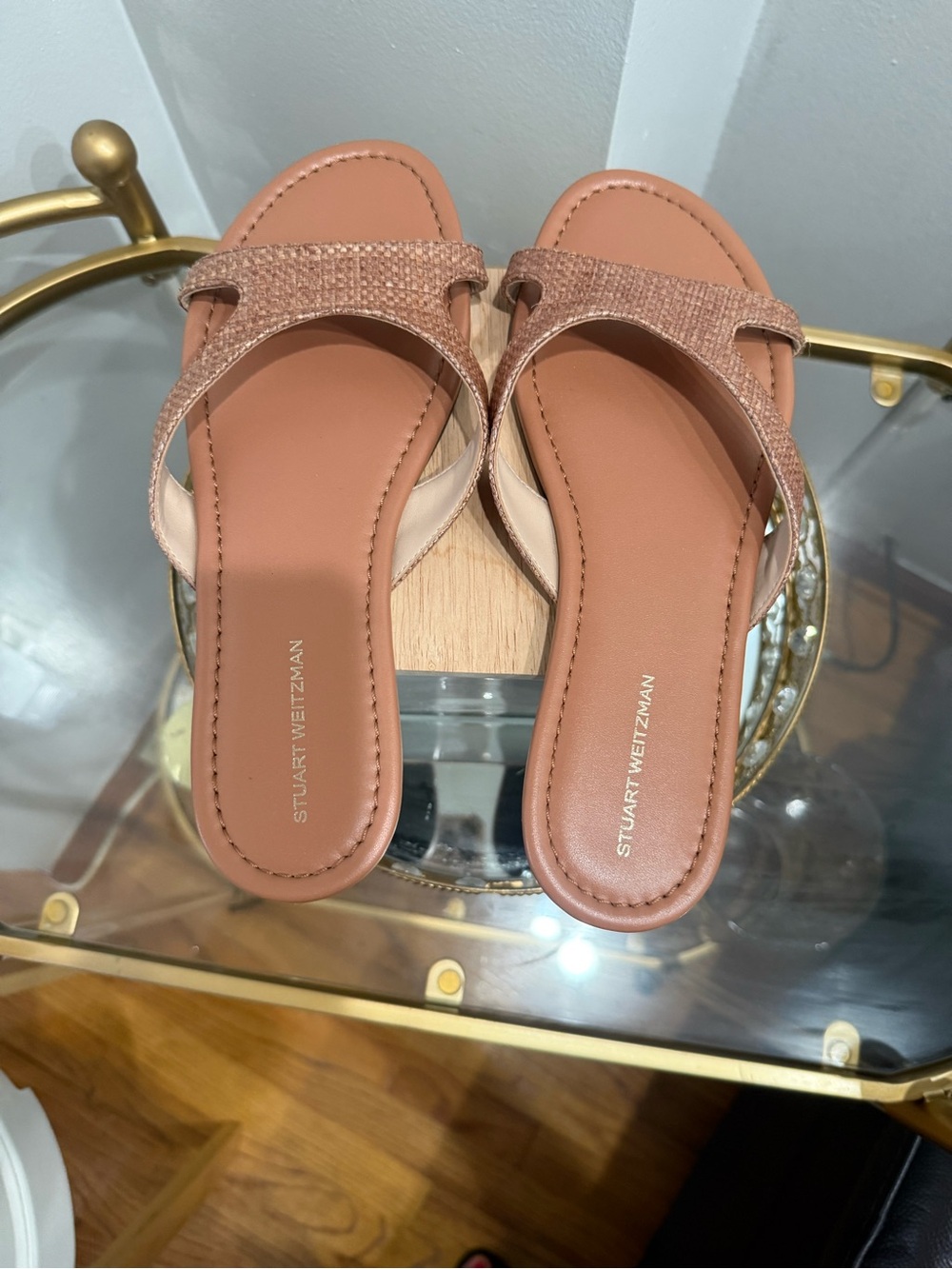 Stuart Weitzman Rose-Tan Textured Slip-On Sandals